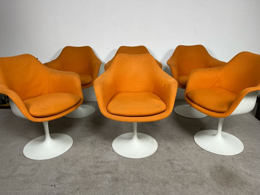 CORRECTED - Set Of Six Vintage Eero Saarinen For Knoll Tulip Arm Chairs BR50 Fully Upholstered In Orange [Photo 3]