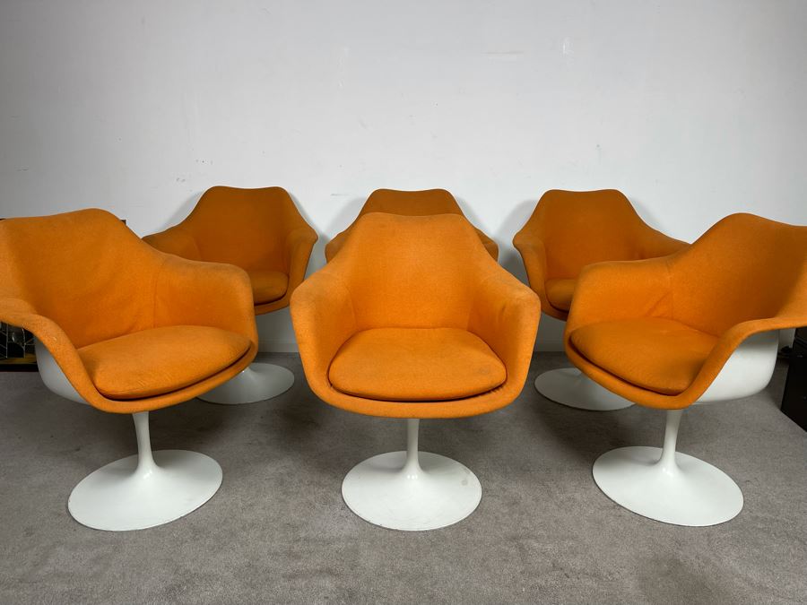 CORRECTED - Set Of Six Vintage Eero Saarinen For Knoll Tulip Arm Chairs BR50 Fully Upholstered In Orange [Photo 5]