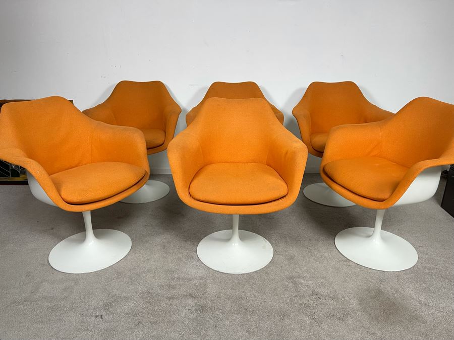 CORRECTED - Set Of Six Vintage Eero Saarinen For Knoll Tulip Arm Chairs BR50 Fully Upholstered In Orange [Photo 6]