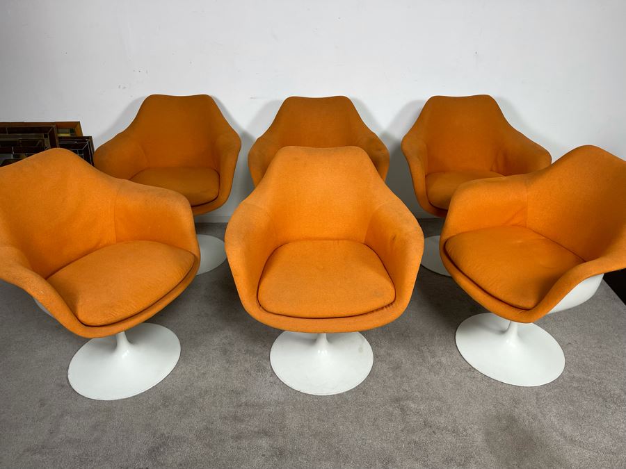 CORRECTED - Set Of Six Vintage Eero Saarinen For Knoll Tulip Arm Chairs BR50 Fully Upholstered In Orange [Photo 4]