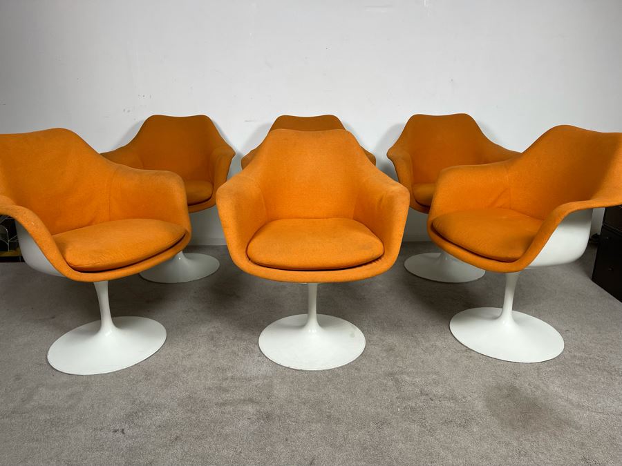 CORRECTED - Set Of Six Vintage Eero Saarinen For Knoll Tulip Arm Chairs BR50 Fully Upholstered In Orange [Photo 1]