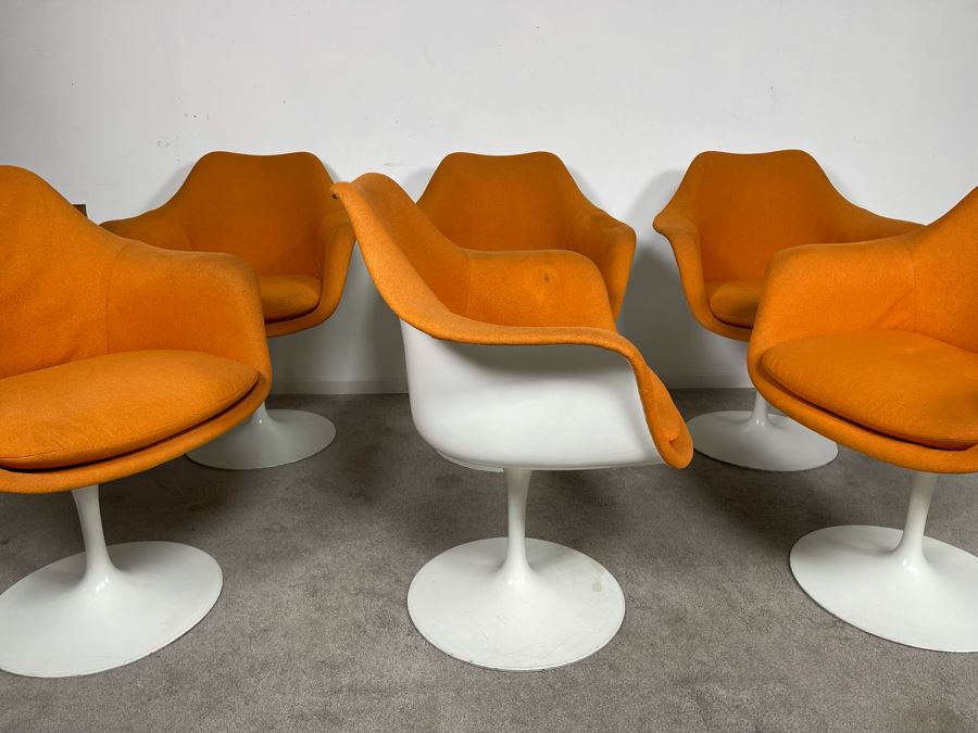 CORRECTED - Set Of Six Vintage Eero Saarinen For Knoll Tulip Arm Chairs BR50 Fully Upholstered In Orange [Photo 7]