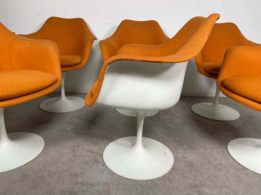 CORRECTED - Set Of Six Vintage Eero Saarinen For Knoll Tulip Arm Chairs BR50 Fully Upholstered In Orange [Photo 9]