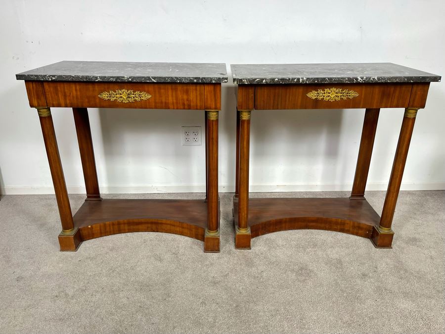 Pair Of French Empire Style Mahogany And Marble Top Console Tables With Brass Ormolu Mounts 31.5W X 17D X 32.5H [Photo 1]