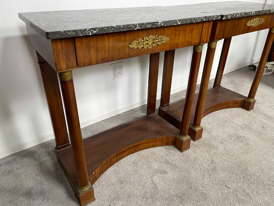 Pair Of French Empire Style Mahogany And Marble Top Console Tables With Brass Ormolu Mounts 31.5W X 17D X 32.5H [Photo 14]