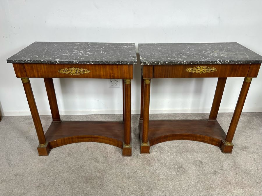 Pair Of French Empire Style Mahogany And Marble Top Console Tables With Brass Ormolu Mounts 31.5W X 17D X 32.5H [Photo 3]