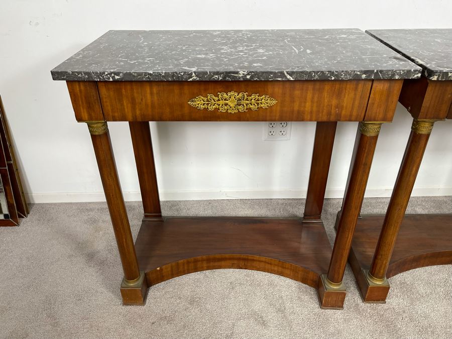Pair Of French Empire Style Mahogany And Marble Top Console Tables With Brass Ormolu Mounts 31.5W X 17D X 32.5H [Photo 4]