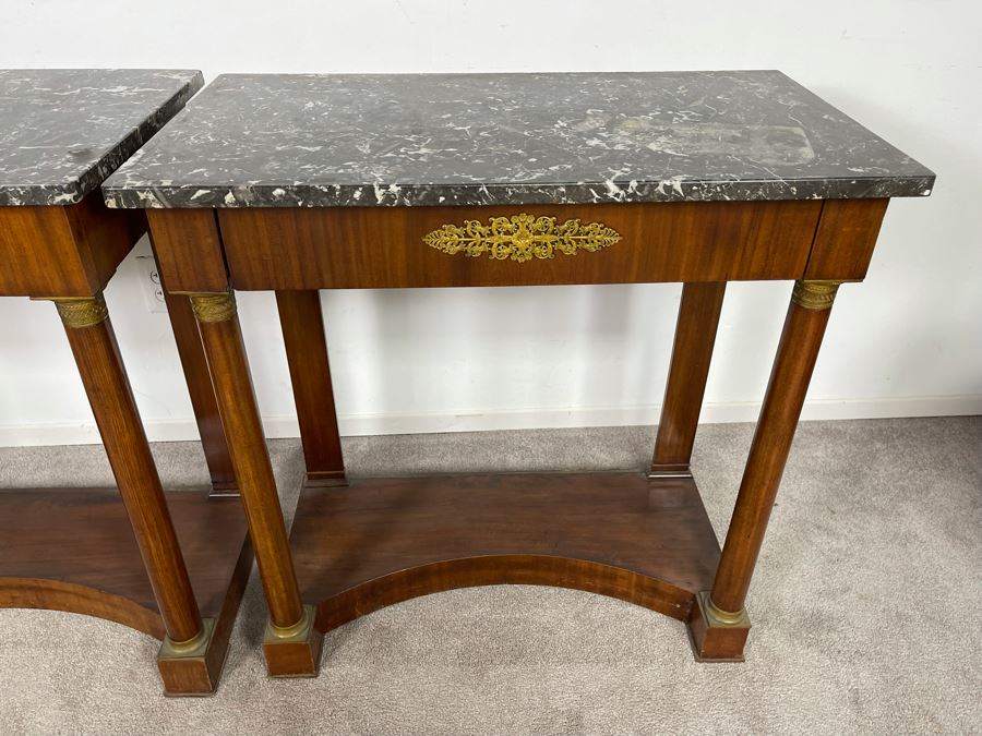 Pair Of French Empire Style Mahogany And Marble Top Console Tables With Brass Ormolu Mounts 31.5W X 17D X 32.5H [Photo 5]