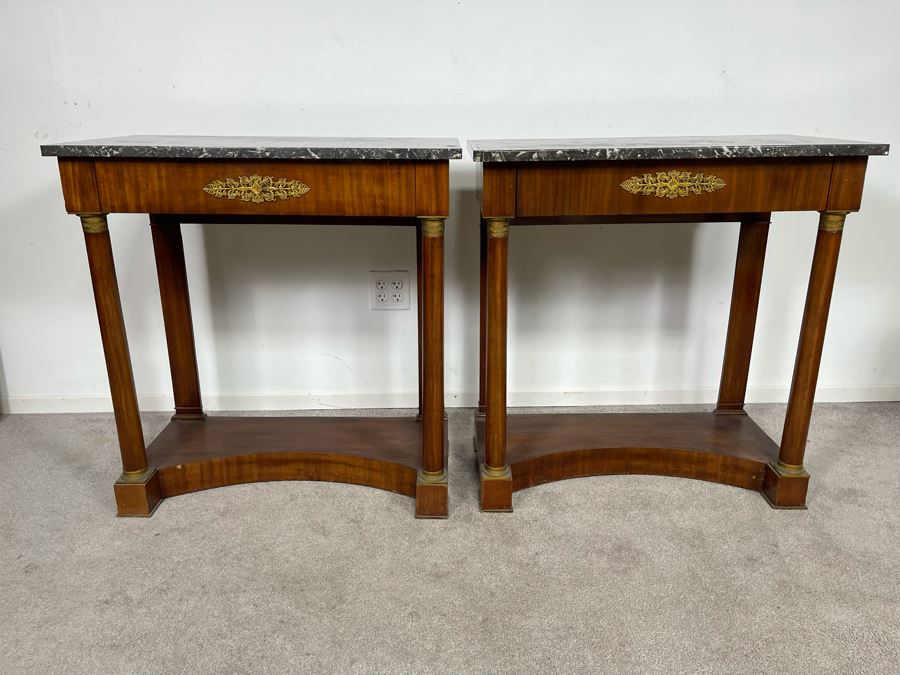 Pair Of French Empire Style Mahogany And Marble Top Console Tables With Brass Ormolu Mounts 31.5W X 17D X 32.5H [Photo 2]