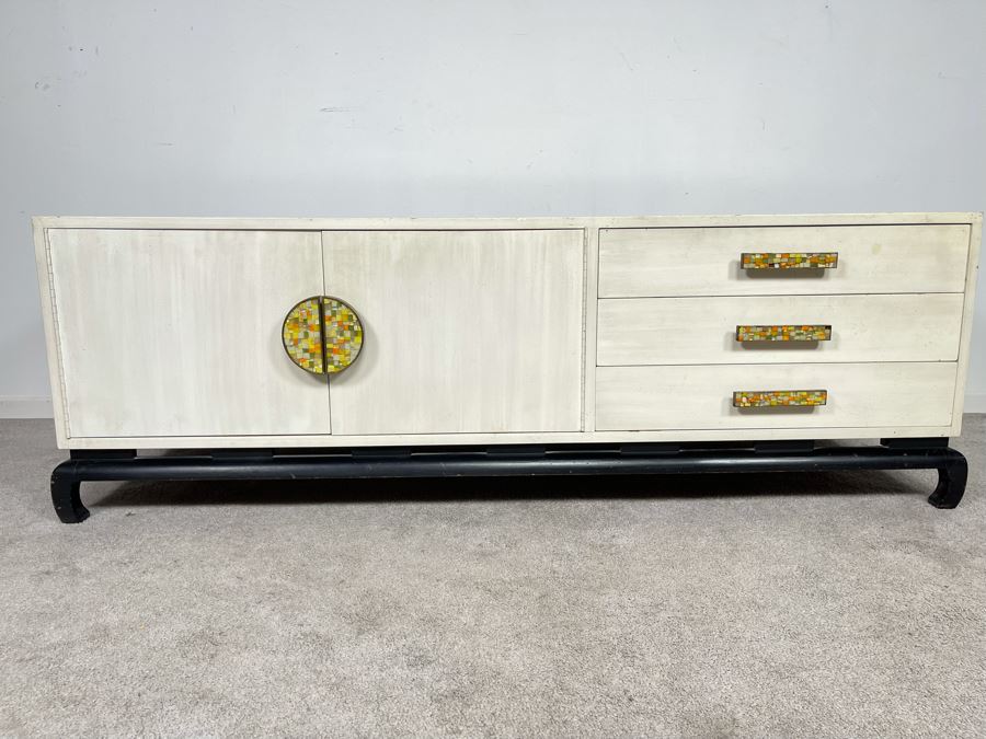 Mid-Century Modern James Mont Style Wooden Credenza With Mosaic Pulls 60W X 20D X 20H [Photo 3]