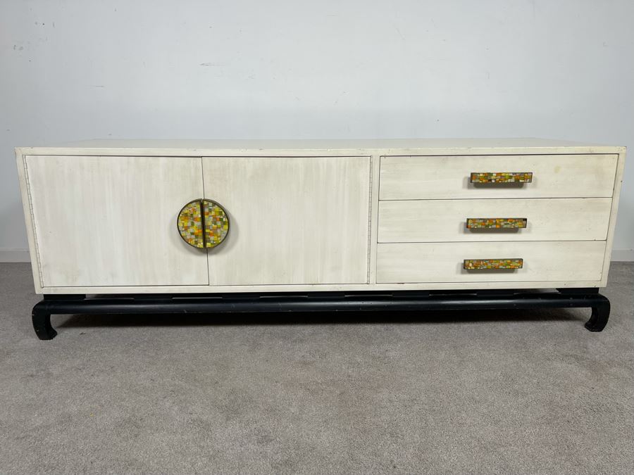 Mid-Century Modern James Mont Style Wooden Credenza With Mosaic Pulls 60W X 20D X 20H [Photo 2]