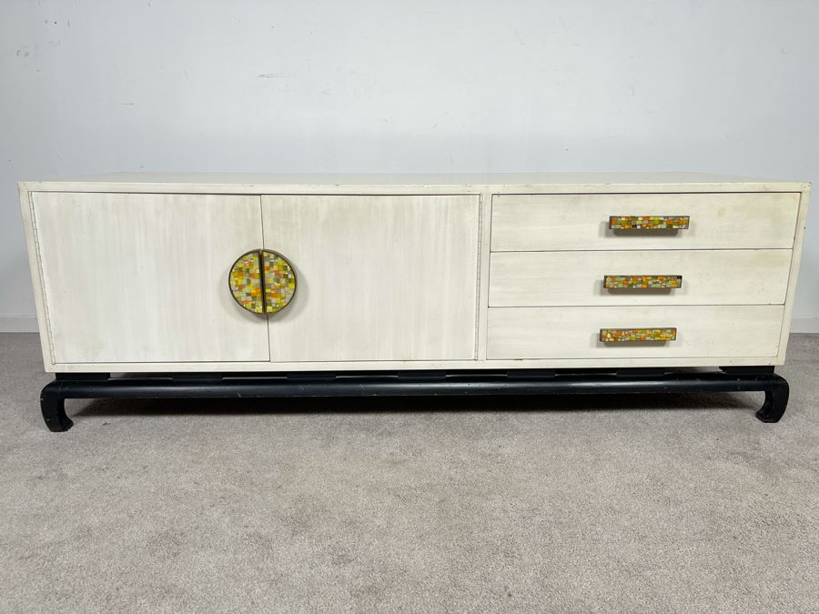 Mid-Century Modern James Mont Style Wooden Credenza With Mosaic Pulls 60W X 20D X 20H [Photo 1]