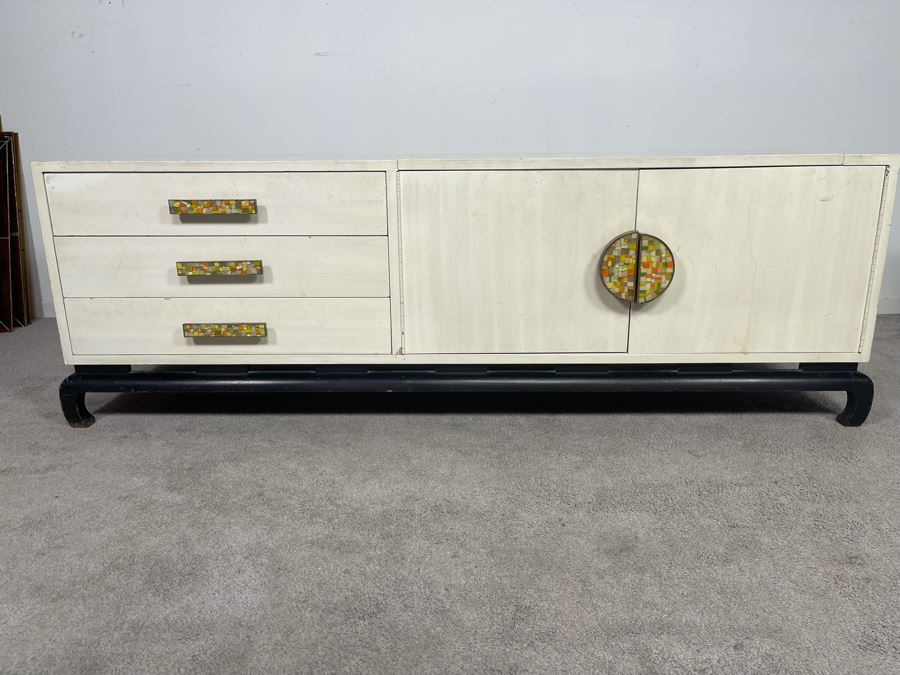Mid-Century Modern James Mont Style Wooden Credenza With Mosaic Pulls 60W X 20D X 20H [Photo 2]