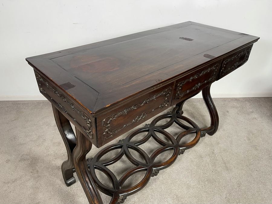 Antique Chinese Rosewood Hand Carved Desk Console Table With 3 Drawers 49.5W X 21.5D X 34H [Photo 8]