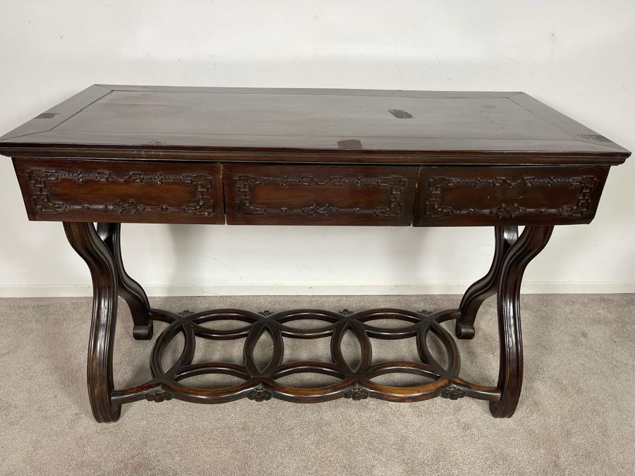 Antique Chinese Rosewood Hand Carved Desk Console Table With 3 Drawers 49.5W X 21.5D X 34H [Photo 3]