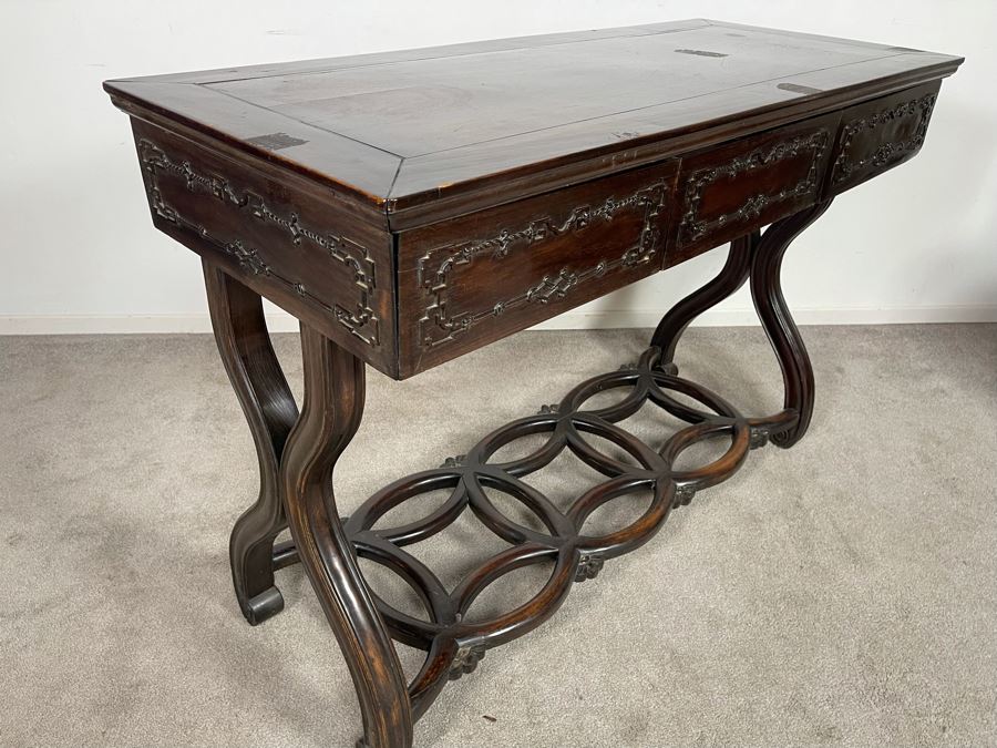 Antique Chinese Rosewood Hand Carved Desk Console Table With 3 Drawers 49.5W X 21.5D X 34H [Photo 7]