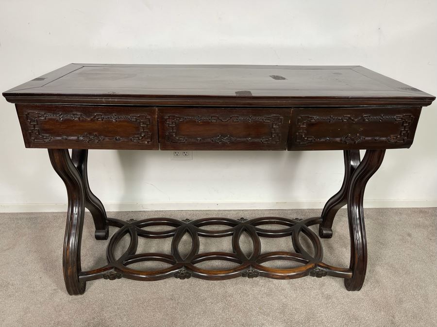 Antique Chinese Rosewood Hand Carved Desk Console Table With 3 Drawers 49.5W X 21.5D X 34H [Photo 2]