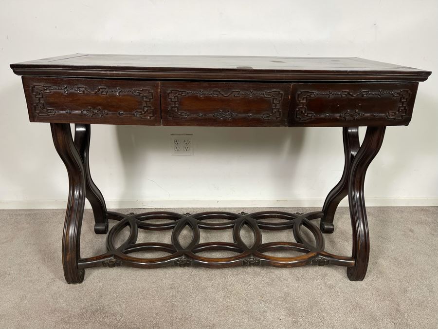 Antique Chinese Rosewood Hand Carved Desk Console Table With 3 Drawers 49.5W X 21.5D X 34H [Photo 4]