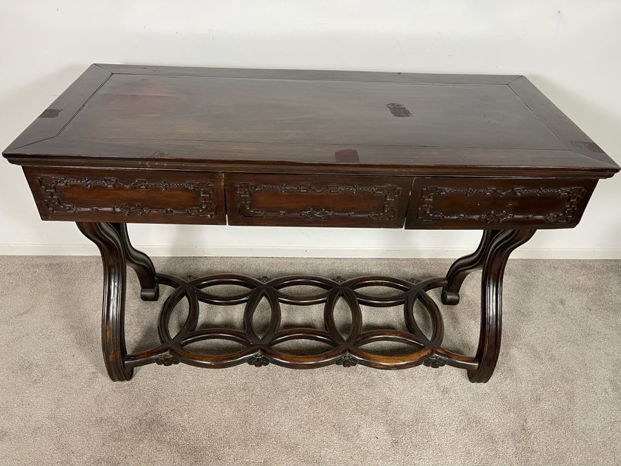 Antique Chinese Rosewood Hand Carved Desk Console Table With 3 Drawers 49.5W X 21.5D X 34H [Photo 5]