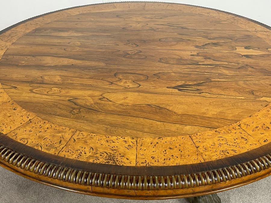 Stunning Regency Carved Burl Walnut Breakfast/Tilt Table With Brass Claw Feet On Casters - See Photos 57.5R X 19.5H [Photo 6]