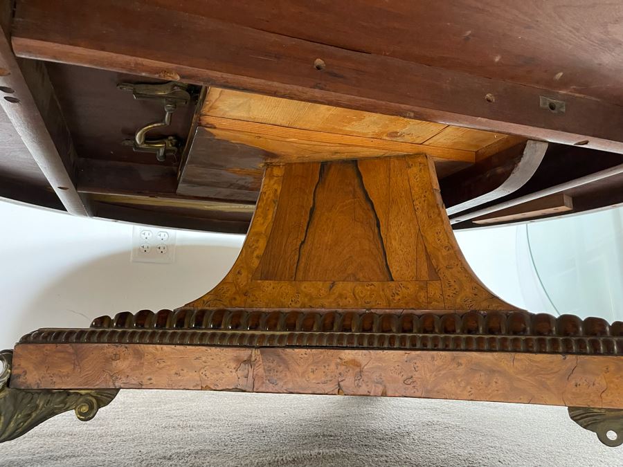Stunning Regency Carved Burl Walnut Breakfast/Tilt Table With Brass Claw Feet On Casters - See Photos 57.5R X 19.5H [Photo 11]