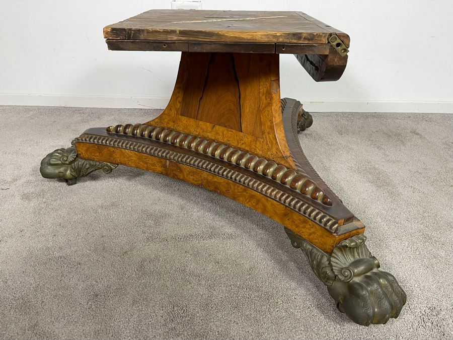 Stunning Regency Carved Burl Walnut Breakfast/Tilt Table With Brass Claw Feet On Casters - See Photos 57.5R X 19.5H [Photo 2]