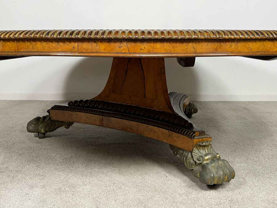 Stunning Regency Carved Burl Walnut Breakfast/Tilt Table With Brass Claw Feet On Casters - See Photos 57.5R X 19.5H [Photo 7]