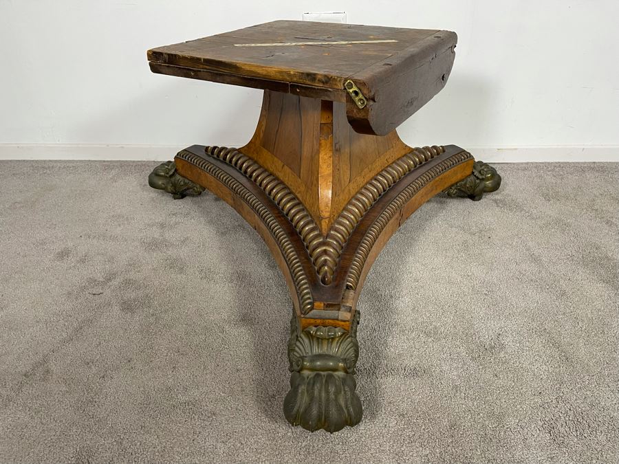 Stunning Regency Carved Burl Walnut Breakfast/Tilt Table With Brass Claw Feet On Casters - See Photos 57.5R X 19.5H [Photo 16]