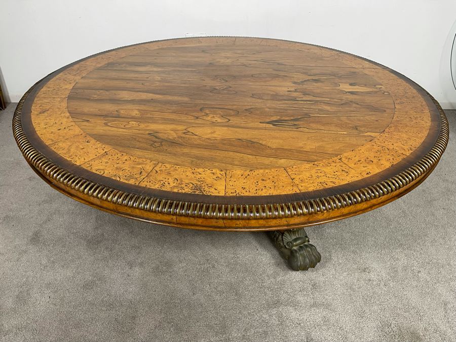 Stunning Regency Carved Burl Walnut Breakfast/Tilt Table With Brass Claw Feet On Casters - See Photos 57.5R X 19.5H [Photo 3]