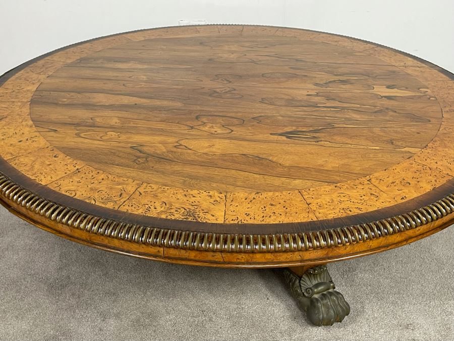 Stunning Regency Carved Burl Walnut Breakfast/Tilt Table With Brass Claw Feet On Casters - See Photos 57.5R X 19.5H [Photo 25]
