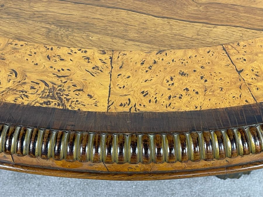Stunning Regency Carved Burl Walnut Breakfast/Tilt Table With Brass Claw Feet On Casters - See Photos 57.5R X 19.5H [Photo 24]