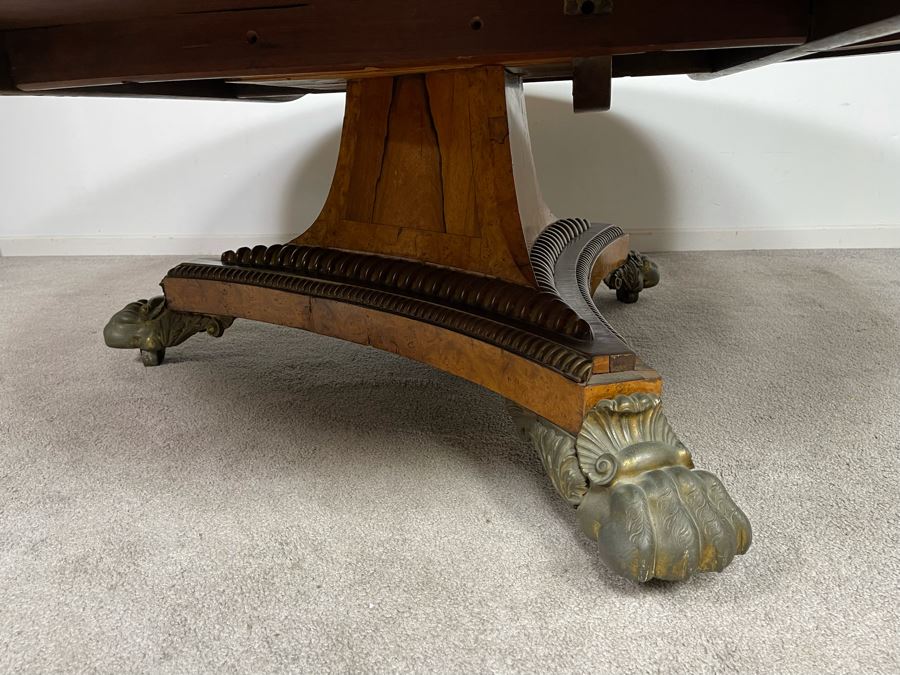 Stunning Regency Carved Burl Walnut Breakfast/Tilt Table With Brass Claw Feet On Casters - See Photos 57.5R X 19.5H [Photo 10]