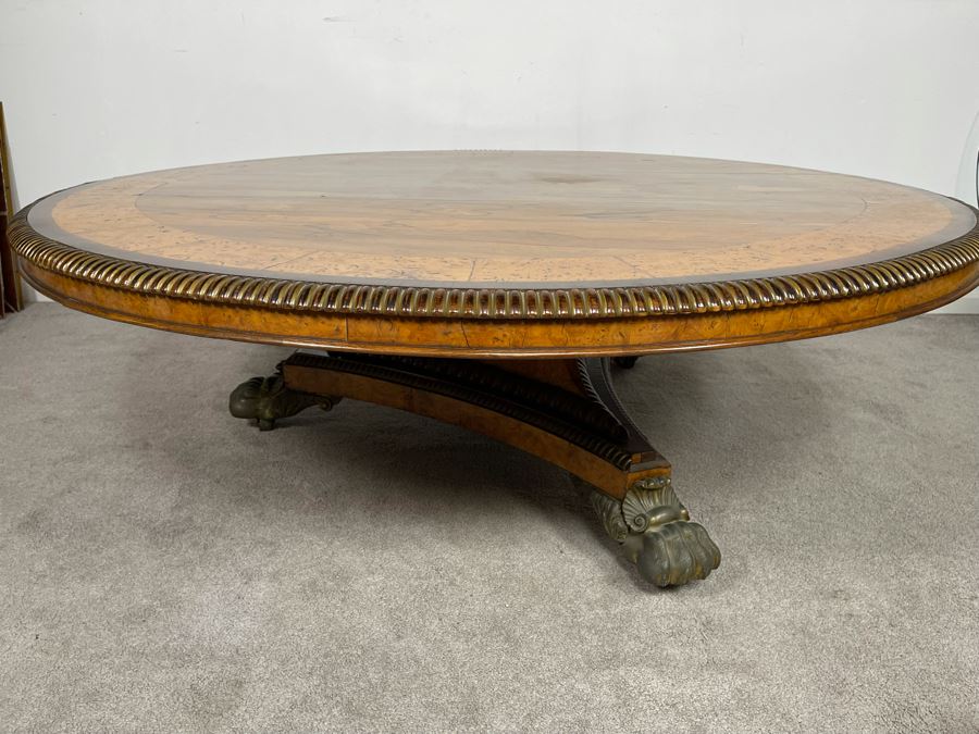 Stunning Regency Carved Burl Walnut Breakfast/Tilt Table With Brass Claw Feet On Casters - See Photos 57.5R X 19.5H [Photo 8]