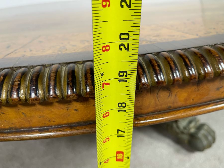 Stunning Regency Carved Burl Walnut Breakfast/Tilt Table With Brass Claw Feet On Casters - See Photos 57.5R X 19.5H [Photo 27]