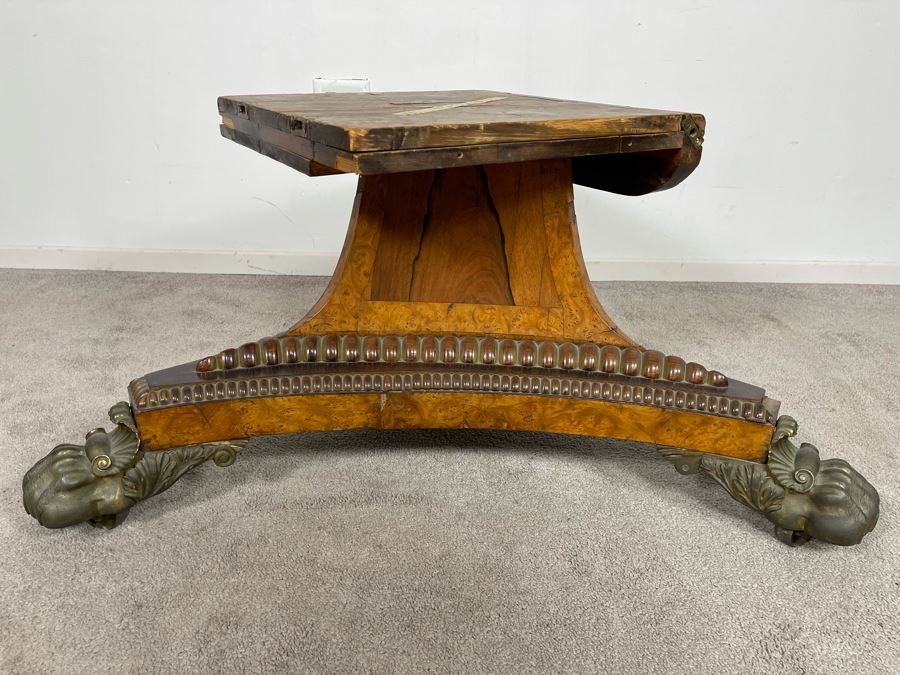 Stunning Regency Carved Burl Walnut Breakfast/Tilt Table With Brass Claw Feet On Casters - See Photos 57.5R X 19.5H [Photo 18]