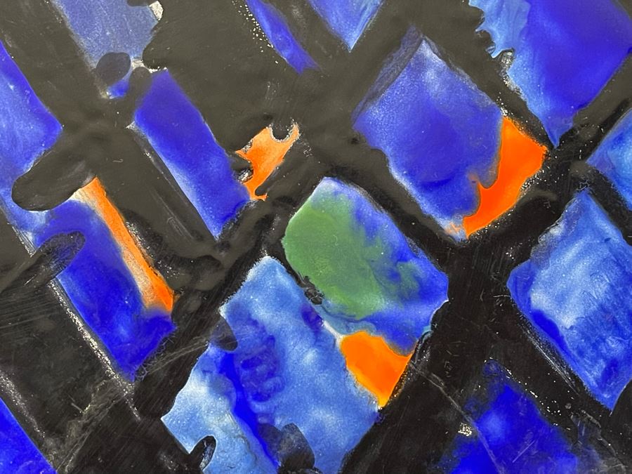 Vintage Signed Original Metal Enamel Top Table With Metal Base Unknown Artist - Signature Illegible 39.5R X 29.5H [Photo 15]