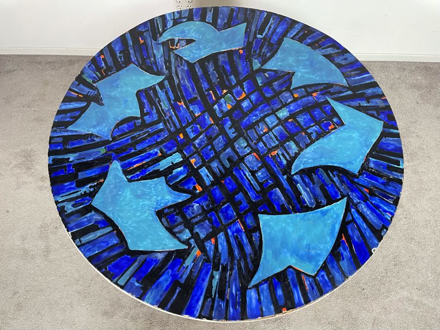 Vintage Signed Original Metal Enamel Top Table With Metal Base Unknown Artist - Signature Illegible 39.5R X 29.5H [Photo 5]