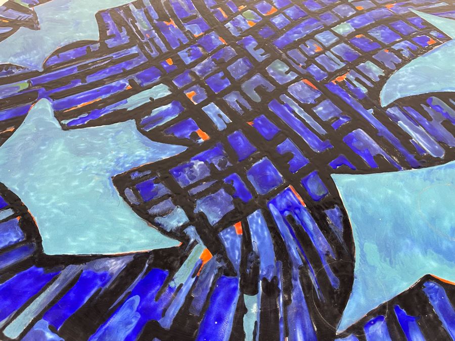 Vintage Signed Original Metal Enamel Top Table With Metal Base Unknown Artist - Signature Illegible 39.5R X 29.5H [Photo 6]