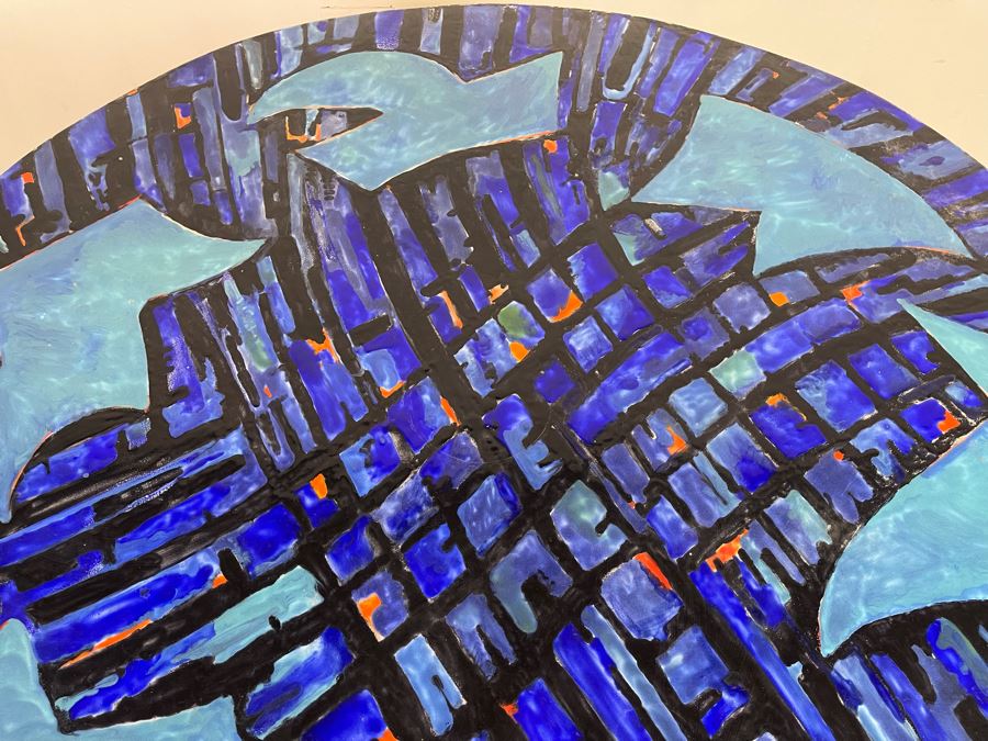 Vintage Signed Original Metal Enamel Top Table With Metal Base Unknown Artist - Signature Illegible 39.5R X 29.5H [Photo 8]