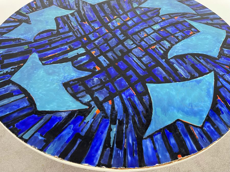 Vintage Signed Original Metal Enamel Top Table With Metal Base Unknown Artist - Signature Illegible 39.5R X 29.5H [Photo 7]