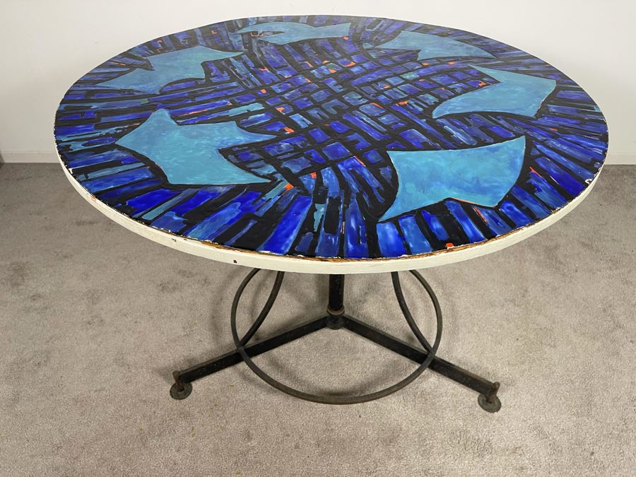 Vintage Signed Original Metal Enamel Top Table With Metal Base Unknown Artist - Signature Illegible 39.5R X 29.5H [Photo 3]