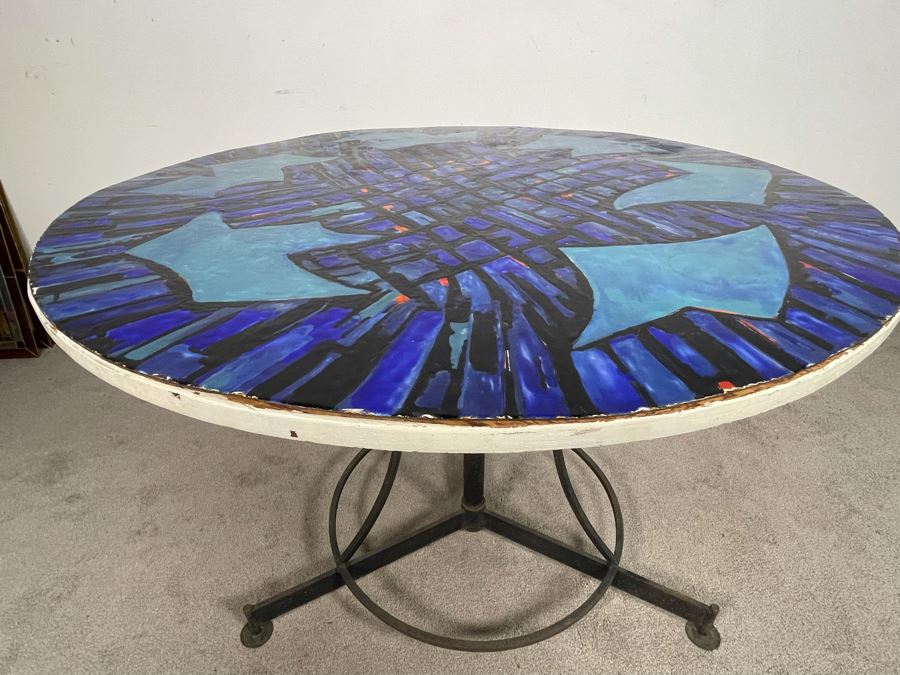 Vintage Signed Original Metal Enamel Top Table With Metal Base Unknown Artist - Signature Illegible 39.5R X 29.5H [Photo 16]