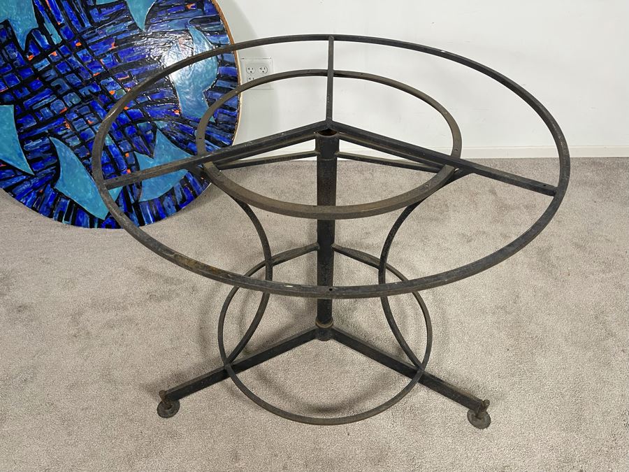 Vintage Signed Original Metal Enamel Top Table With Metal Base Unknown Artist - Signature Illegible 39.5R X 29.5H [Photo 11]
