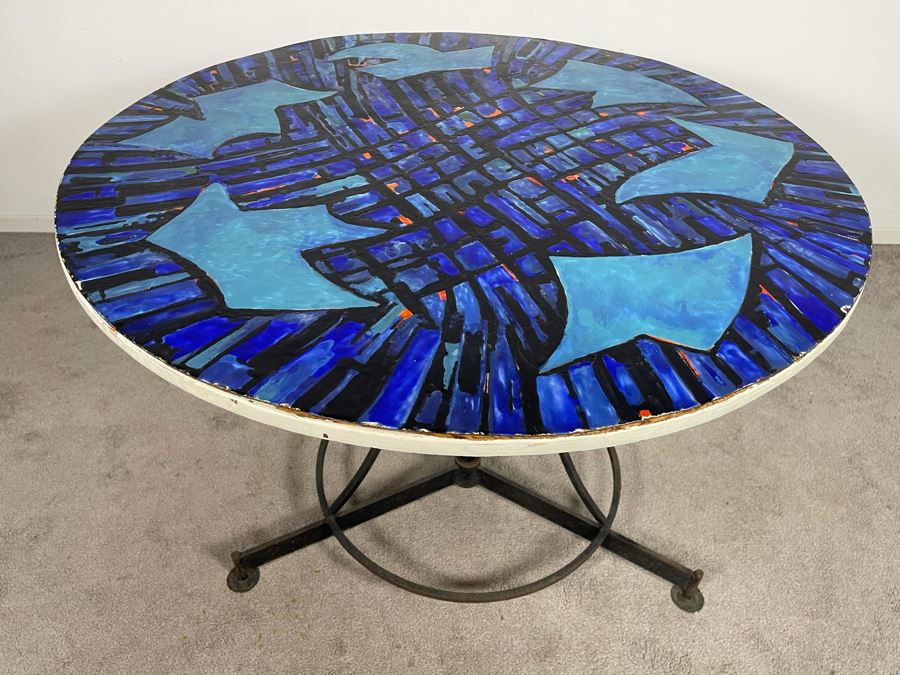 Vintage Signed Original Metal Enamel Top Table With Metal Base Unknown Artist - Signature Illegible 39.5R X 29.5H