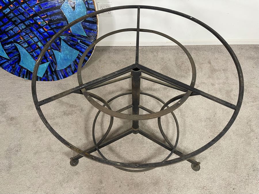 Vintage Signed Original Metal Enamel Top Table With Metal Base Unknown Artist - Signature Illegible 39.5R X 29.5H [Photo 12]