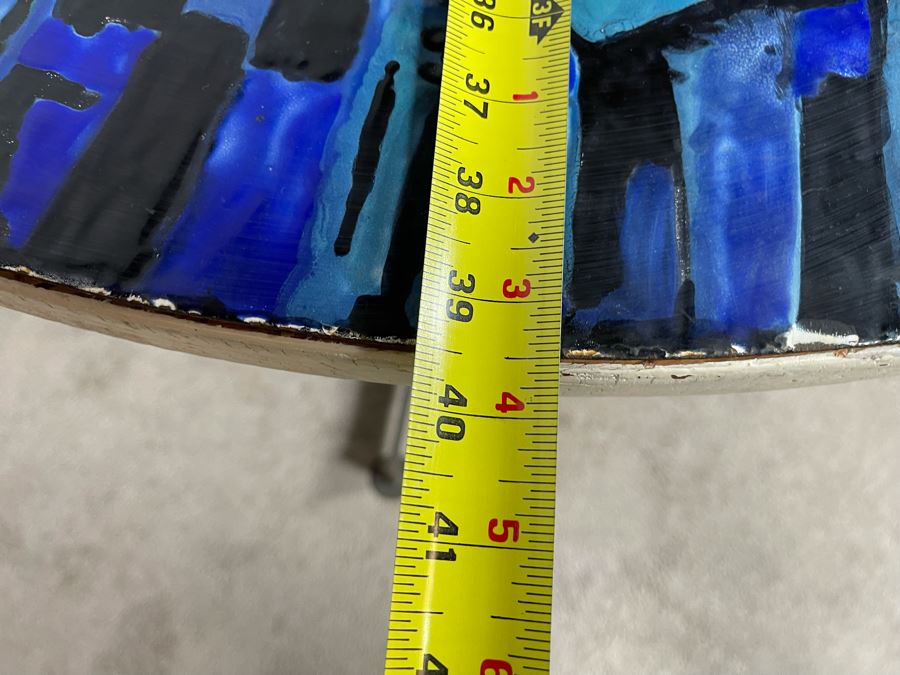 Vintage Signed Original Metal Enamel Top Table With Metal Base Unknown Artist - Signature Illegible 39.5R X 29.5H [Photo 18]