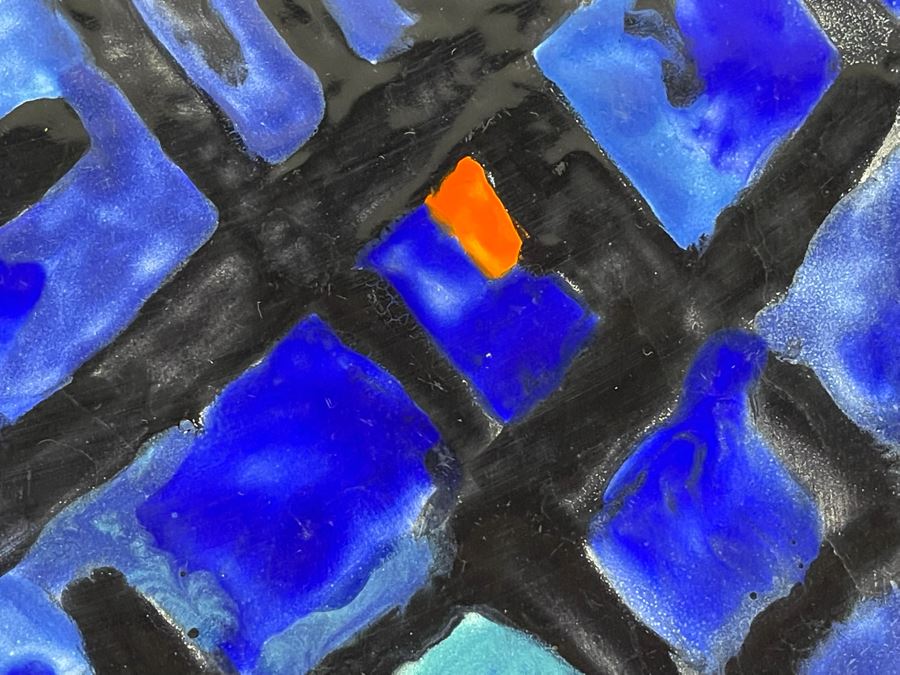 Vintage Signed Original Metal Enamel Top Table With Metal Base Unknown Artist - Signature Illegible 39.5R X 29.5H [Photo 14]