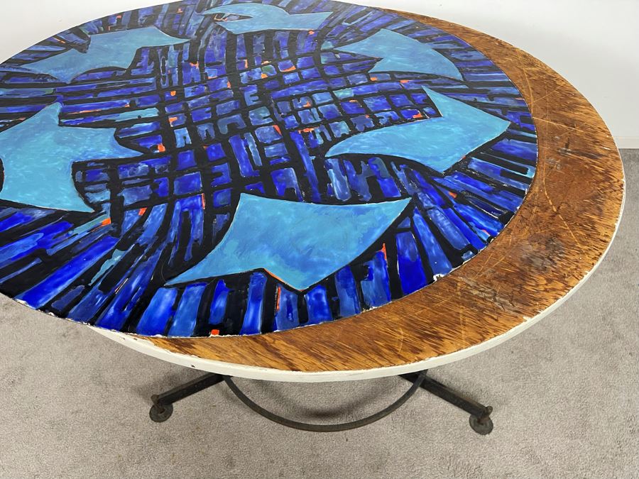 Vintage Signed Original Metal Enamel Top Table With Metal Base Unknown Artist - Signature Illegible 39.5R X 29.5H [Photo 17]