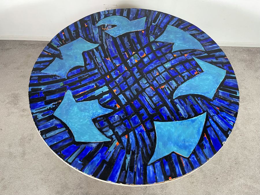 Vintage Signed Original Metal Enamel Top Table With Metal Base Unknown Artist - Signature Illegible 39.5R X 29.5H [Photo 4]