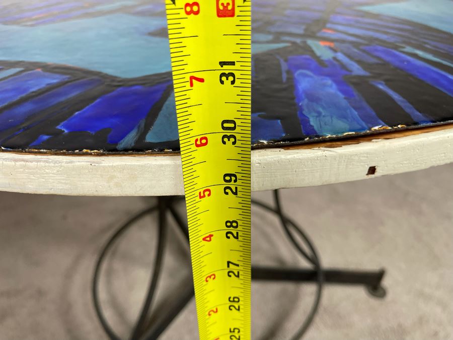 Vintage Signed Original Metal Enamel Top Table With Metal Base Unknown Artist - Signature Illegible 39.5R X 29.5H [Photo 19]
